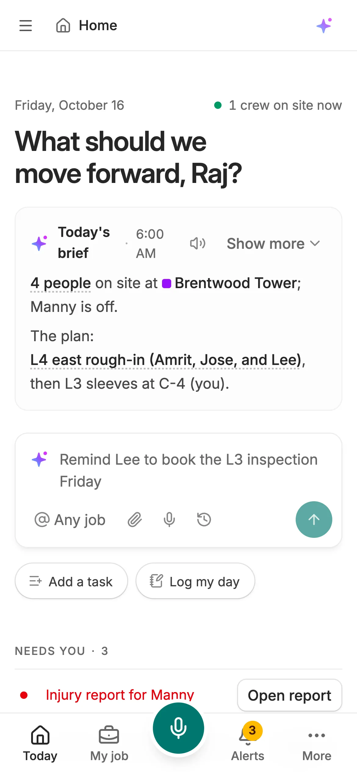 The foreman's phone: today's brief for Raj, the crew plan and a big voice-note button.
